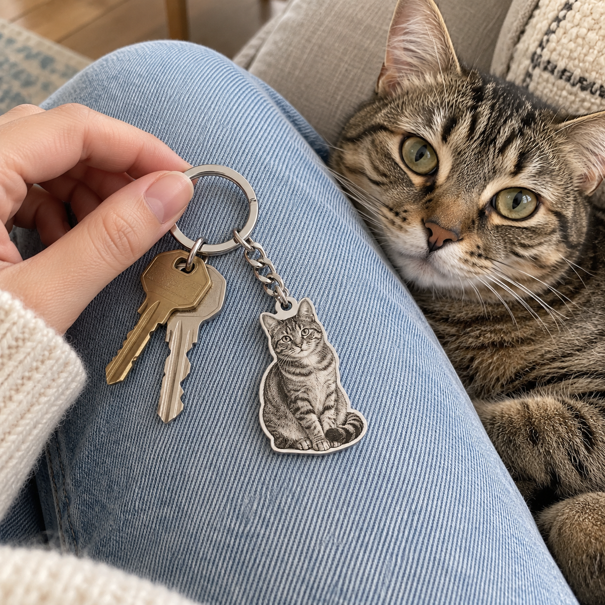 Custom Laser-Cut Portrait Keychain customer photo - woman holding silver cat portrait keychain beside her real cat Anthology Jewelry