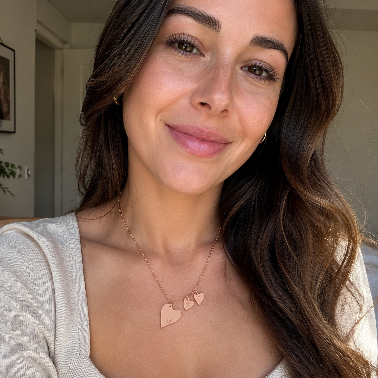 Personalized heart necklace lifestyle photo on neck - Anthology Jewelry Company