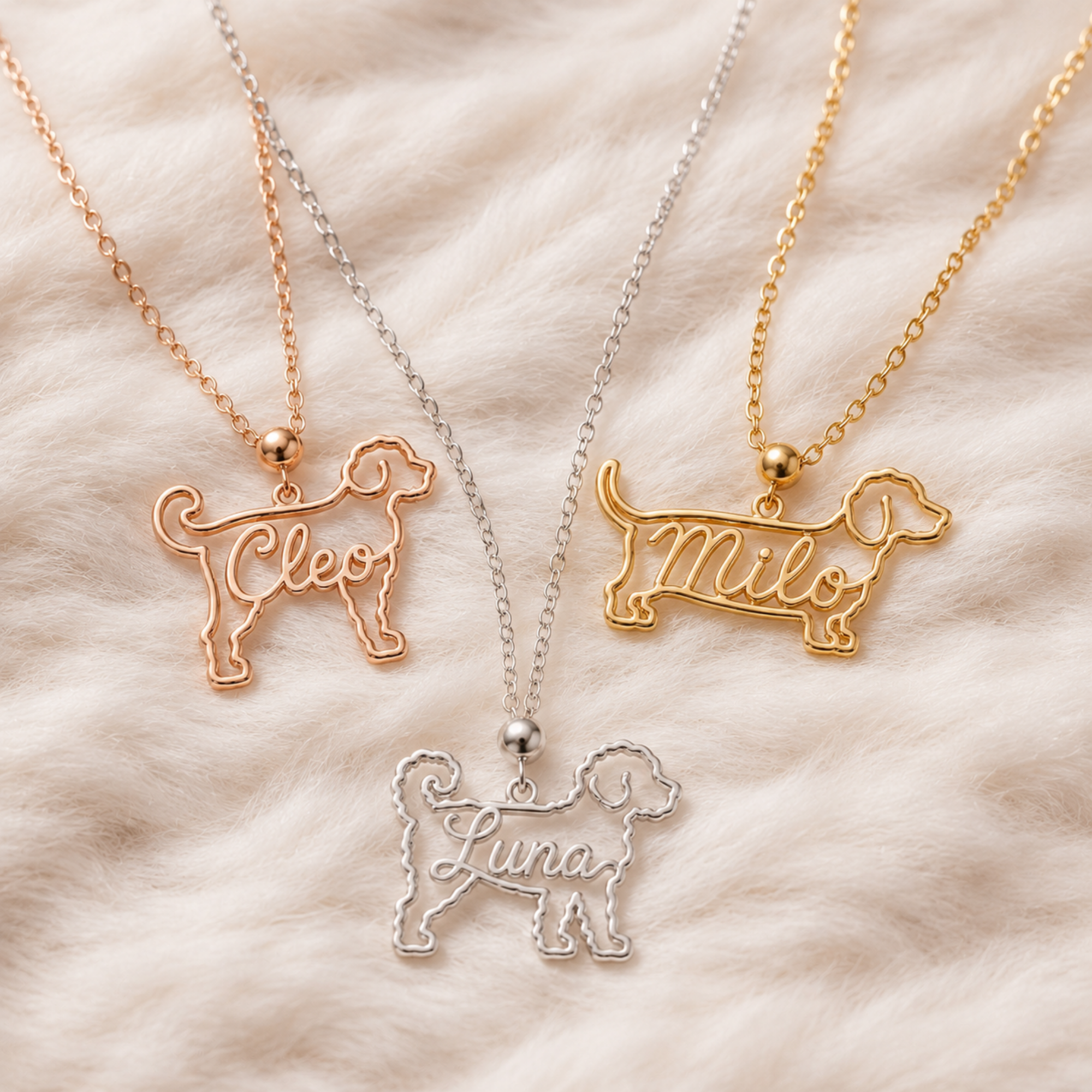 Custom dog necklace with name in gold, rose gold, and silver finishes - Anthology Jewelry