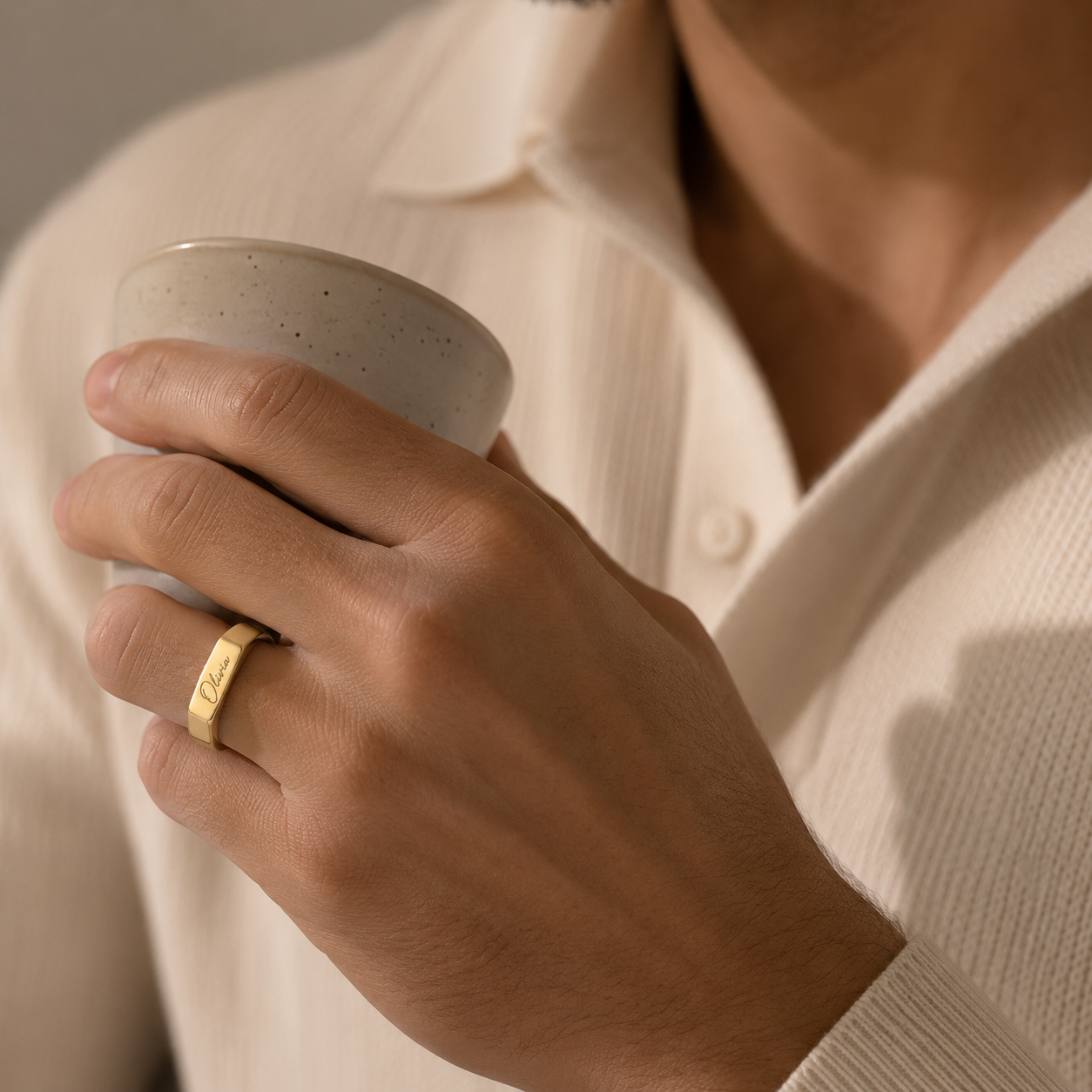 Custom handwriting ring signet style worn by model in gold - personalized bar signet ring Anthology