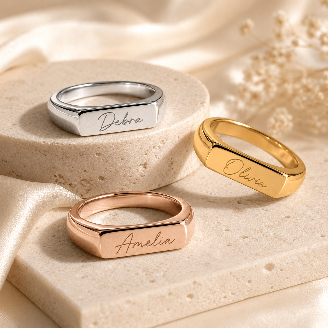 Custom handwriting ring signet style in gold silver and rose gold finishes - Anthology Jewelry