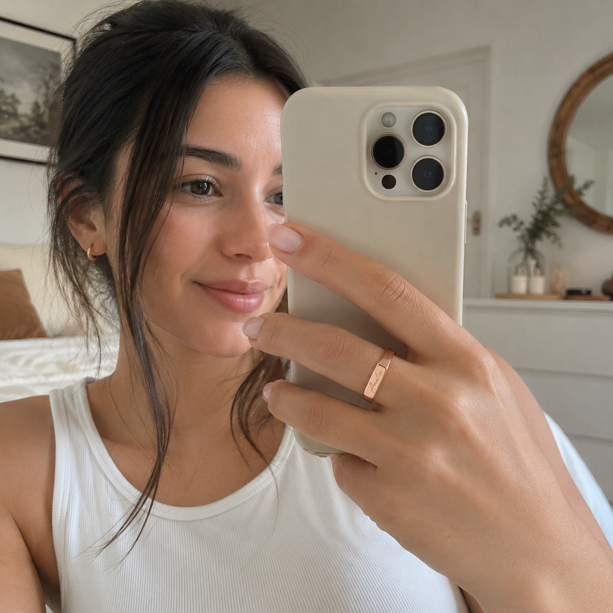 Custom handwriting ring signet style worn by model in rose gold - personalized ring Anthology Jewelry