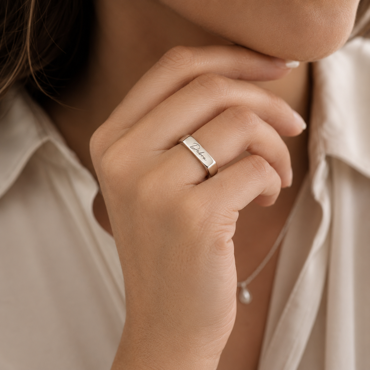 Custom handwriting ring signet style worn by model in silver - personalized ring Anthology Jewelry