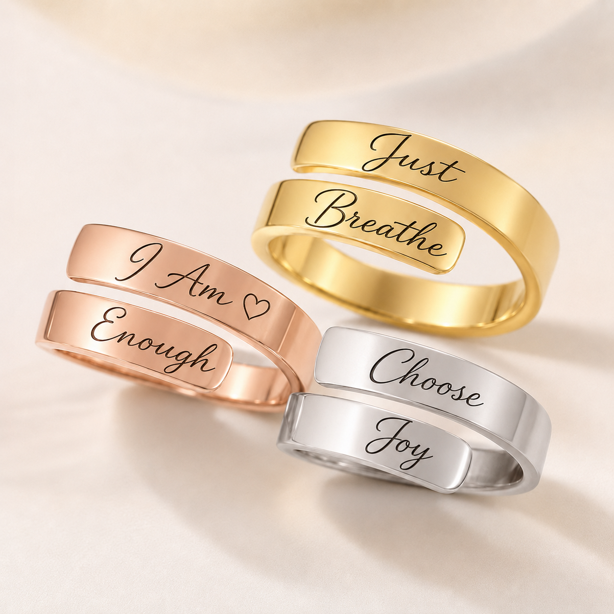 Custom message cuff ring in sterling silver – personalized adjustable band Anthology