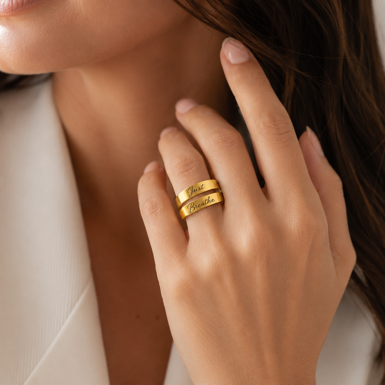 Personalized mantra cuff ring lifestyle shot – custom engraved adjustable ring