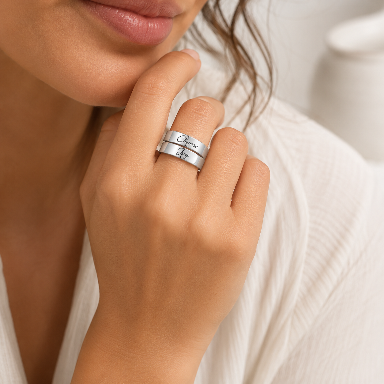 Personalized cuff ring close-up engraving detail – custom mantra ring Anthology Jewelry