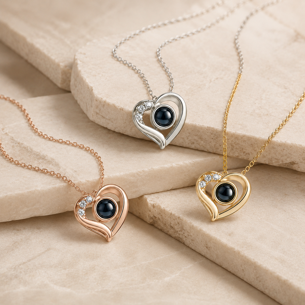 Photo projection necklace three metal colors heart with three stones blue center gem - Anthology Jewelry