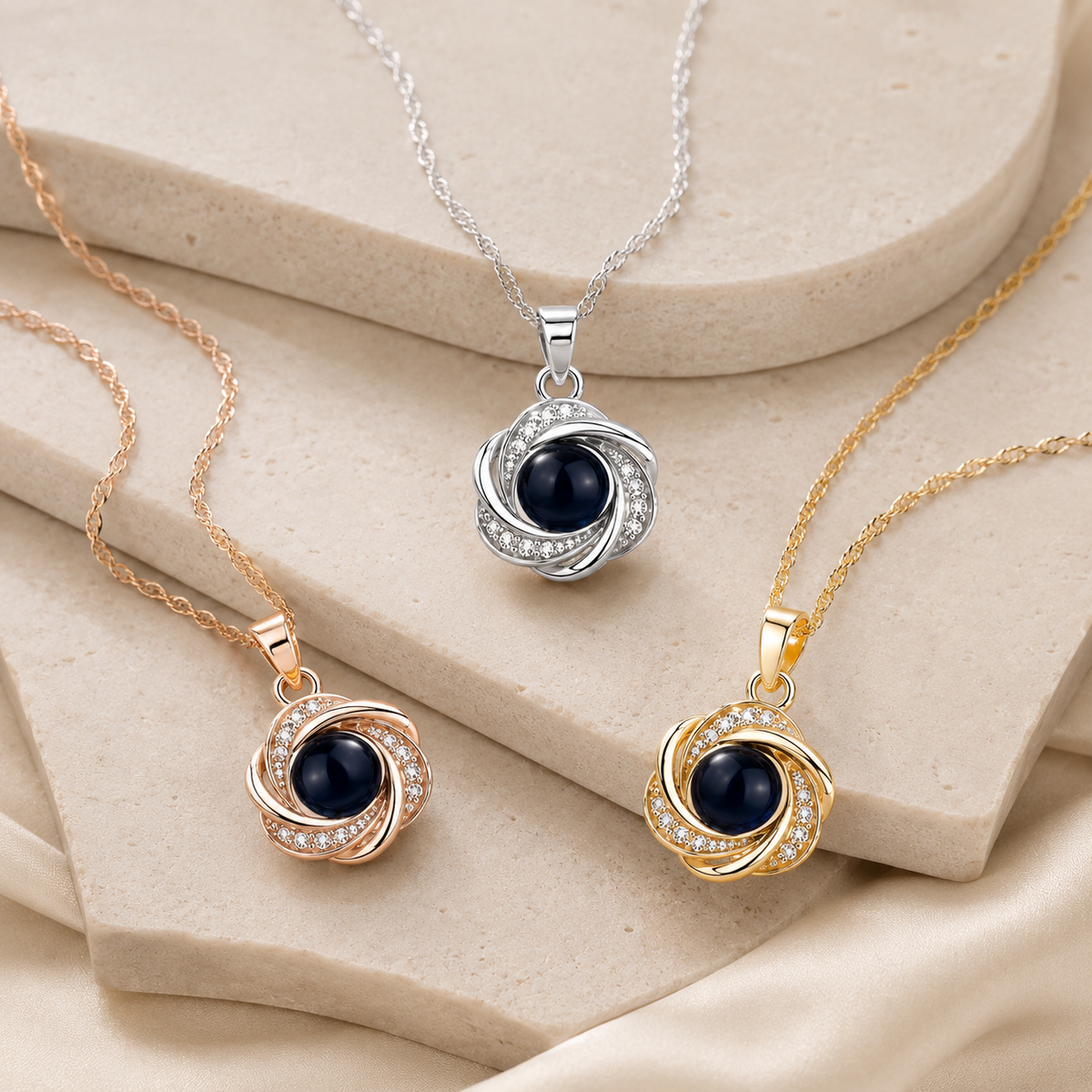Photo projection necklace three metal colors swirl knot pendant with blue center gem - Anthology Jewelry