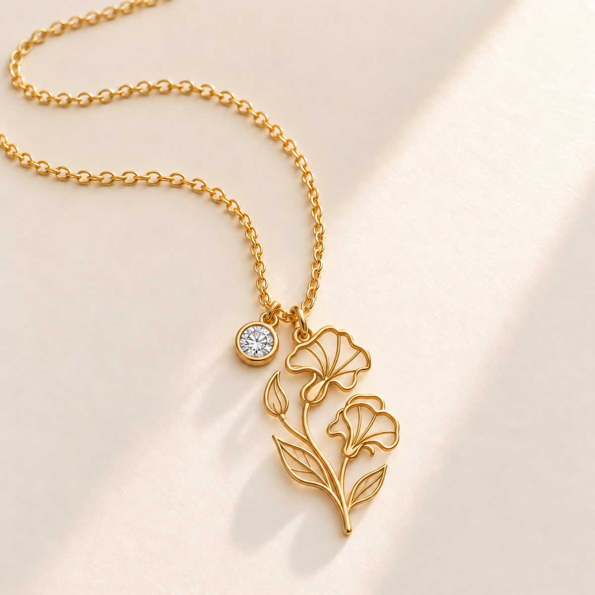 Custom Birth Flower & Birthstone Necklace hero photo - Gold April sweet pea birth flower charm with Diamond birthstone Anthology Jewelry