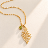 Custom Birth Flower & Birthstone Necklace hero photo - Gold August gladiolus birth flower charm with Peridot birthstone Anthology Jewelry