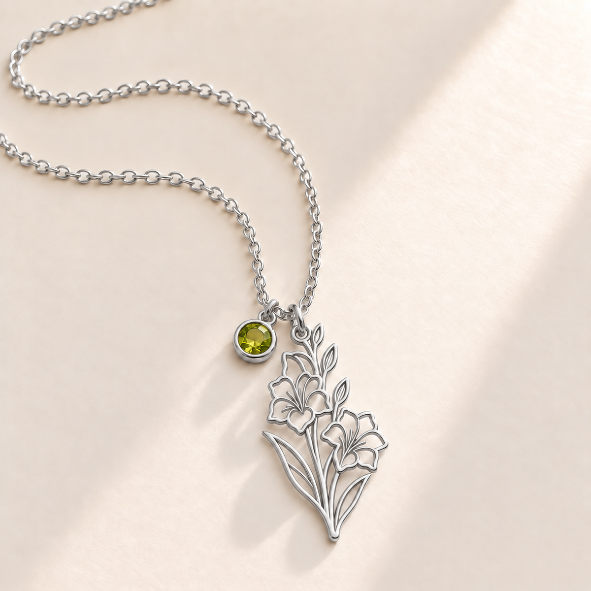 Custom Birth Flower & Birthstone Necklace hero photo - Silver August gladiolus birth flower charm with Peridot birthstone Anthology Jewelry