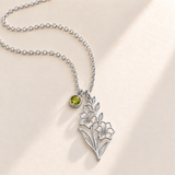 Custom Birth Flower & Birthstone Necklace hero photo - Silver August gladiolus birth flower charm with Peridot birthstone Anthology Jewelry