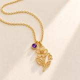 Custom Birth Flower & Birthstone Necklace hero photo - Gold February violet birth flower charm with Amethyst birthstone Anthology Jewelry