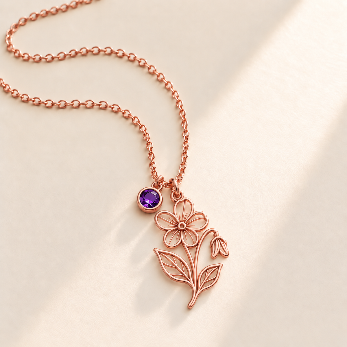 Custom Birth Flower & Birthstone Necklace hero photo - Rose Gold February violet birth flower charm with Amethyst birthstone Anthology Jewelry