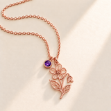 Custom Birth Flower & Birthstone Necklace hero photo - Rose Gold February violet birth flower charm with Amethyst birthstone Anthology Jewelry