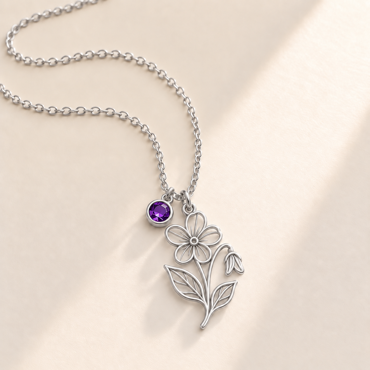 Custom Birth Flower & Birthstone Necklace hero photo - Silver February violet birth flower charm with Amethyst birthstone Anthology Jewelry