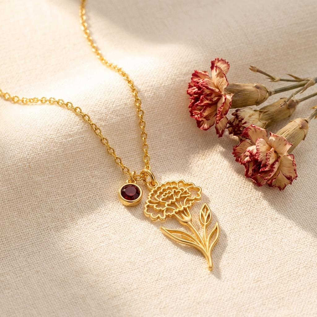 Custom Birth Flower & Birthstone Necklace glamour photo - gold carnation birth flower and garnet necklace on cream linen with dried carnations Anthology Jewelry