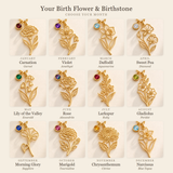 Custom Birth Flower & Birthstone Necklace info chart - birth flower and birthstone for each month, January carnation and garnet through December narcissus and blue topaz Anthology Jewelry
