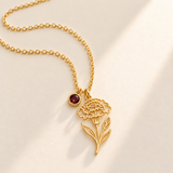 Custom Birth Flower & Birthstone Necklace hero photo - Gold January carnation birth flower charm with Garnet birthstone Anthology Jewelry