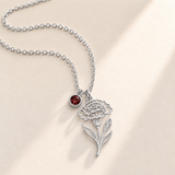 Custom Birth Flower & Birthstone Necklace hero photo - Silver January carnation birth flower charm with Garnet birthstone Anthology Jewelry