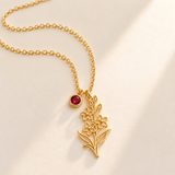 Custom Birth Flower & Birthstone Necklace hero photo - Gold July larkspur birth flower charm with Ruby birthstone Anthology Jewelry