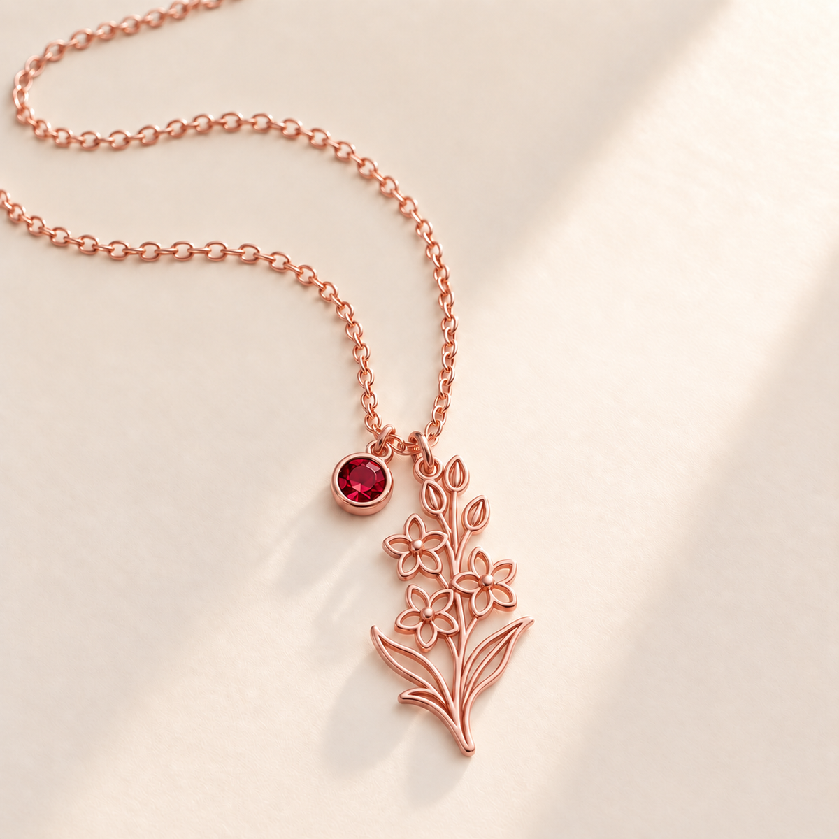 Custom Birth Flower & Birthstone Necklace hero photo - Rose Gold July larkspur birth flower charm with Ruby birthstone Anthology Jewelry