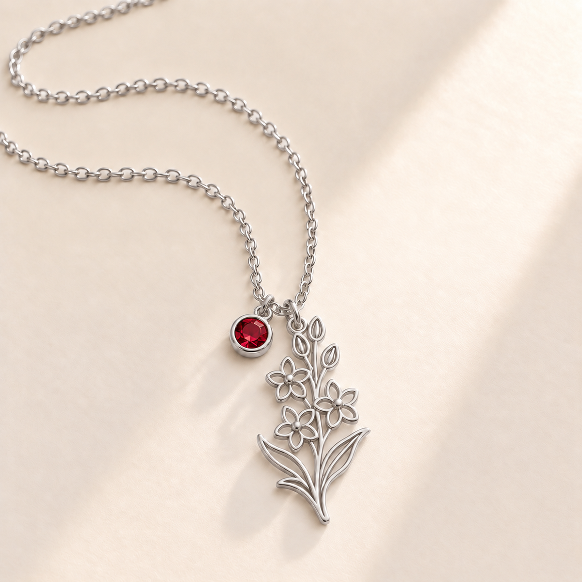 Custom Birth Flower & Birthstone Necklace hero photo - Silver July larkspur birth flower charm with Ruby birthstone Anthology Jewelry