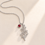 Custom Birth Flower & Birthstone Necklace hero photo - Silver July larkspur birth flower charm with Ruby birthstone Anthology Jewelry