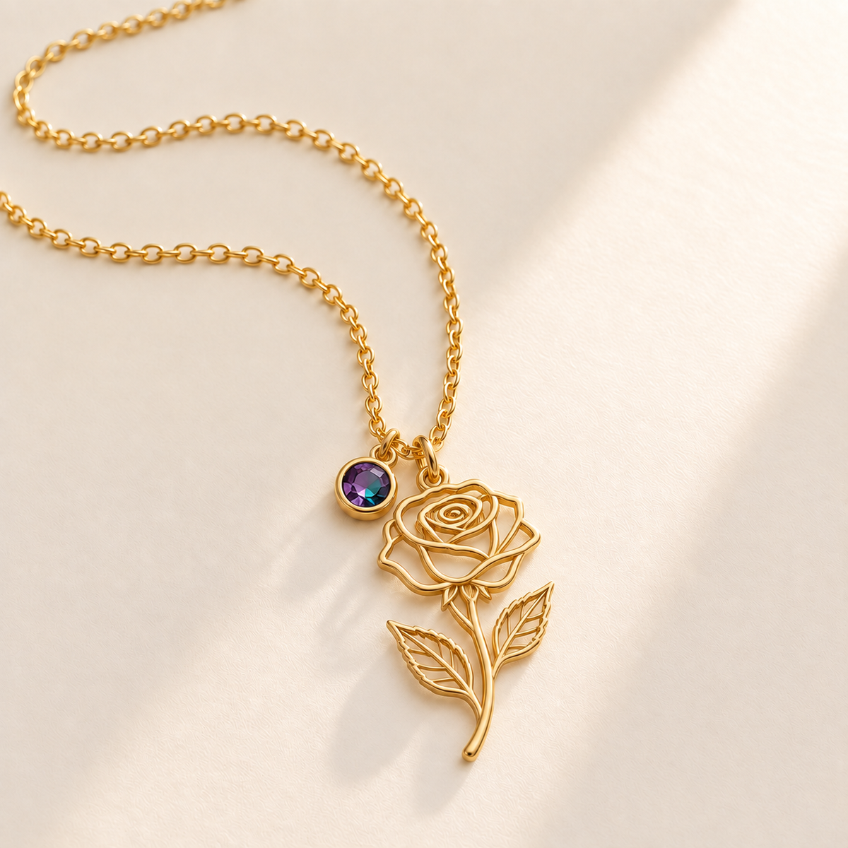 Custom Birth Flower & Birthstone Necklace hero photo - Gold June rose birth flower charm with Alexandrite birthstone Anthology Jewelry