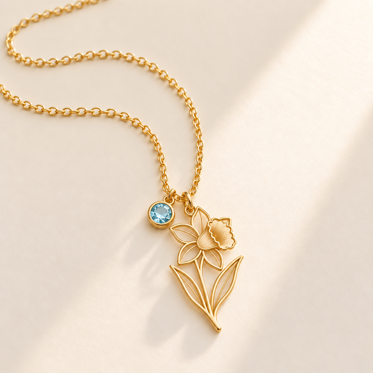 Custom Birth Flower & Birthstone Necklace hero photo - Gold March daffodil birth flower charm with Aquamarine birthstone Anthology Jewelry