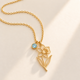 Custom Birth Flower & Birthstone Necklace hero photo - Gold March daffodil birth flower charm with Aquamarine birthstone Anthology Jewelry
