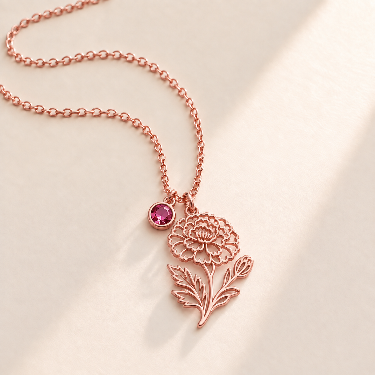 Custom Birth Flower & Birthstone Necklace hero photo - Rose Gold October marigold birth flower charm with Tourmaline birthstone Anthology Jewelry