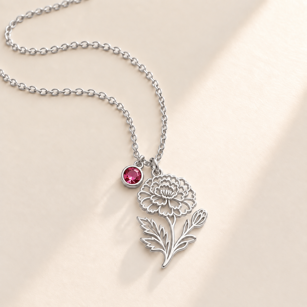 Custom Birth Flower & Birthstone Necklace hero photo - Silver October marigold birth flower charm with Tourmaline birthstone Anthology Jewelry