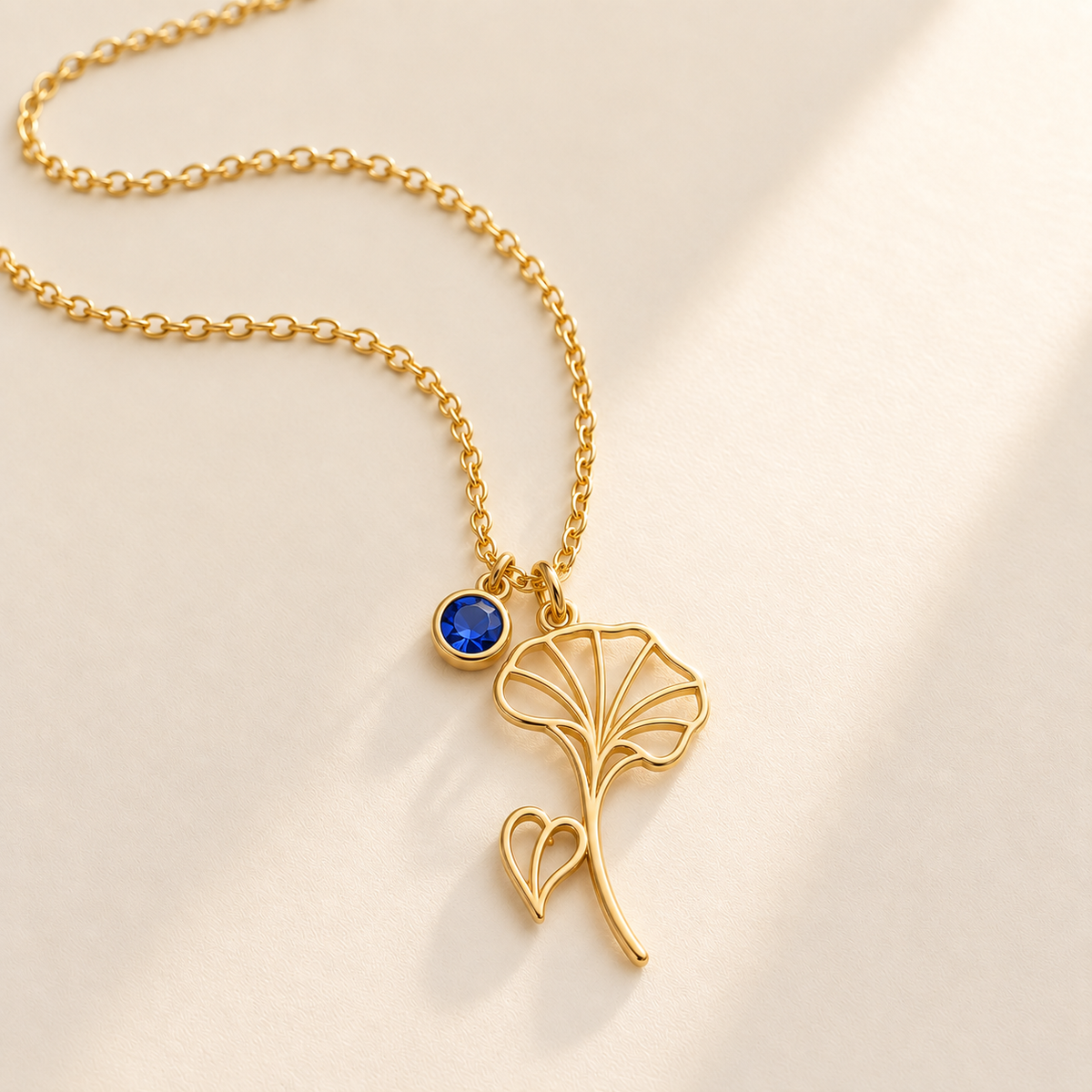 Custom Birth Flower & Birthstone Necklace hero photo - Gold September morning glory birth flower charm with Sapphire birthstone Anthology Jewelry