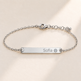 Birthstone Bar Bracelet hero photo - silver april diamond with Sofia engraving in Montserrat Anthology Jewelry