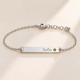 Birthstone Bar Bracelet hero photo - silver august peridot with Sofia engraving in Montserrat Anthology Jewelry