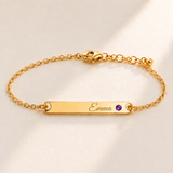 Birthstone Bar Bracelet hero photo - gold february amethyst with Emma engraving in Great Vibes Anthology Jewelry
