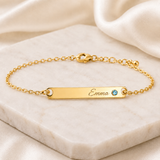 Birthstone Bar Bracelet glamour photo - gold Emma engraving and smaller round pale blue March gemstone Anthology Jewelry