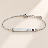 Birthstone Bar Bracelet hero photo - silver january garnet with Sofia engraving in Montserrat Anthology Jewelry