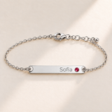 Birthstone Bar Bracelet hero photo - silver july ruby with Sofia engraving in Montserrat Anthology Jewelry