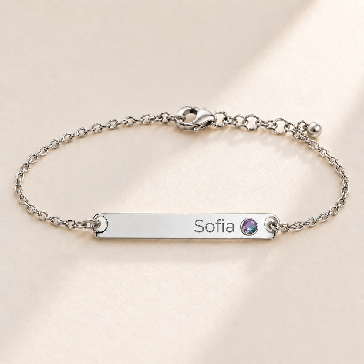 Birthstone Bar Bracelet hero photo - silver june alexandrite with Sofia engraving in Montserrat Anthology Jewelry