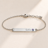 Birthstone Bar Bracelet hero photo - silver june alexandrite with Sofia engraving in Montserrat Anthology Jewelry