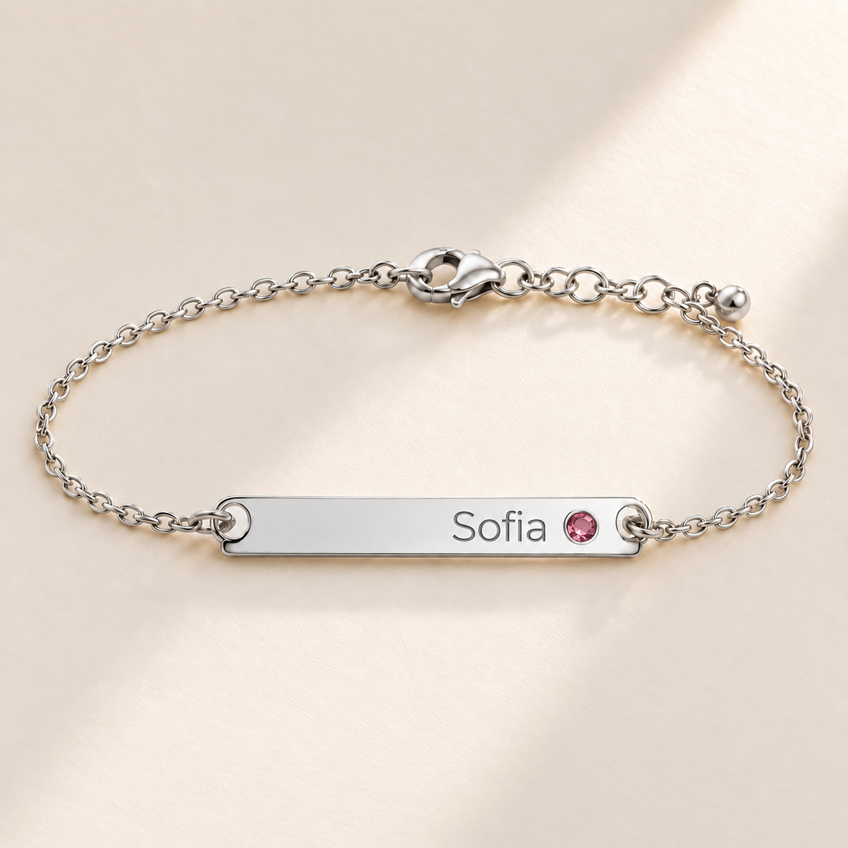 Birthstone Bar Bracelet hero photo - silver october tourmaline with Sofia engraving in Montserrat Anthology Jewelry