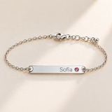 Birthstone Bar Bracelet hero photo - silver october tourmaline with Sofia engraving in Montserrat Anthology Jewelry