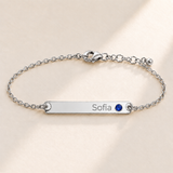 Birthstone Bar Bracelet hero photo - silver september sapphire with Sofia engraving in Montserrat Anthology Jewelry