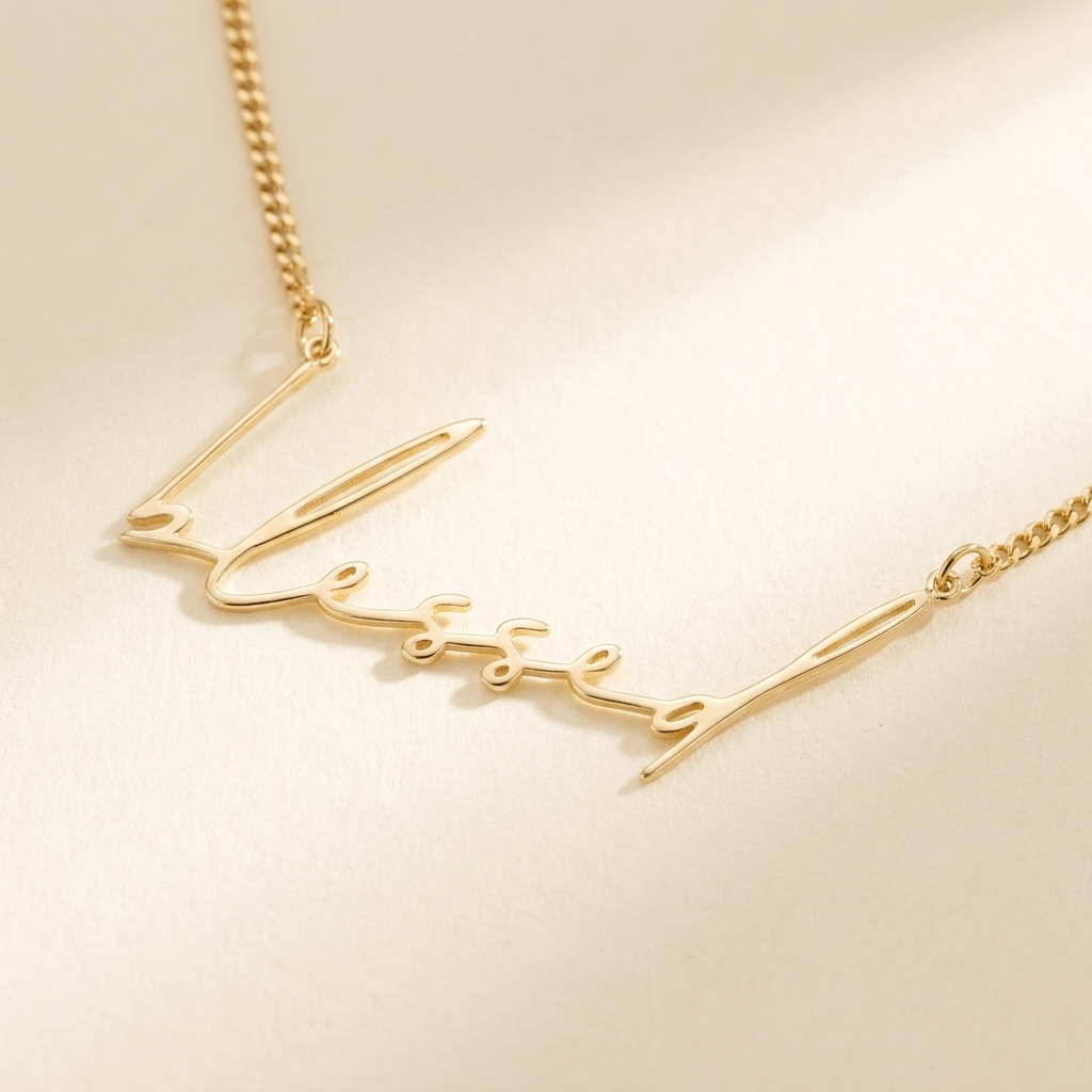 "Blessed" Necklace detail photo - close-up of delicate gold script lettering Anthology Jewelry