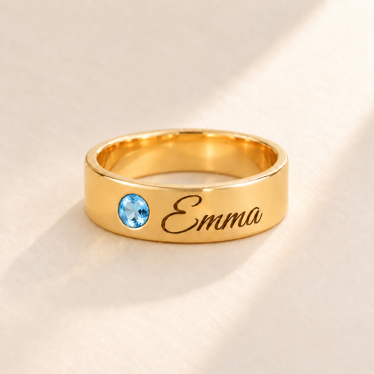 Custom Wide Band Name Ring with Birthstone variant photo - gold December Blue Topaz birthstone and Emma engraving Anthology Jewelry