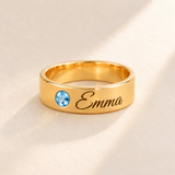 Custom Wide Band Name Ring with Birthstone variant photo - gold December Blue Topaz birthstone and Emma engraving Anthology Jewelry