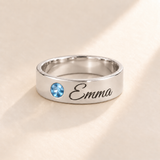 Custom Wide Band Name Ring with Birthstone variant photo - silver December Blue Topaz birthstone and Emma engraving Anthology Jewelry