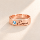 Custom Wide Band Name Ring with Birthstone variant photo - rose gold December Blue Topaz birthstone and Emma engraving Anthology Jewelry